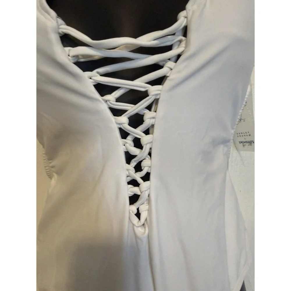 White Lace Up Bathing Suit Halter  Swimsuit OnePiece size 8 Large Ashley Graham